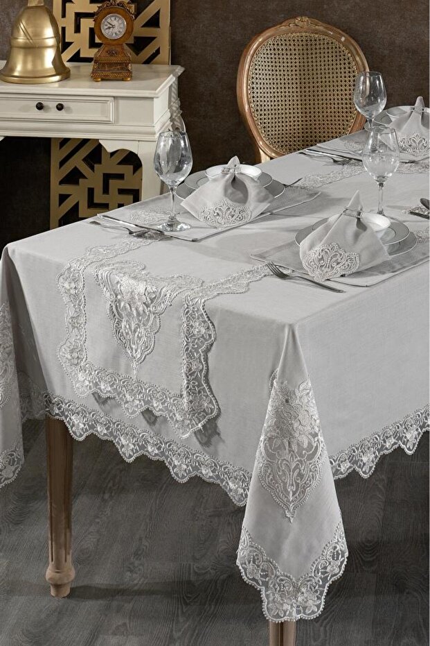 Katre French Lace Linen Dinnerware Set - 26 Piece Gray
