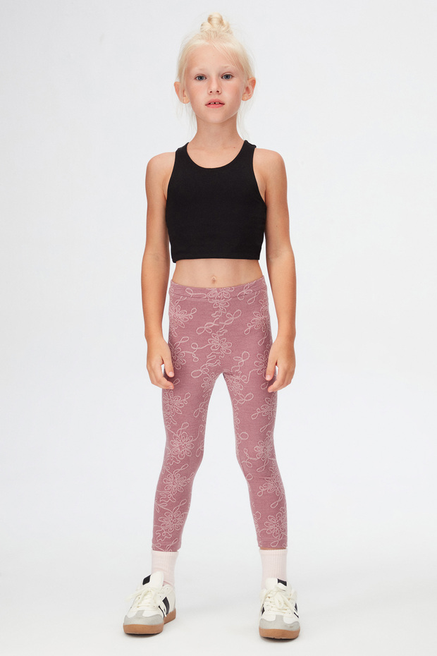 Purple Flower Pattern Girl's Jacquard Full Length Leggings