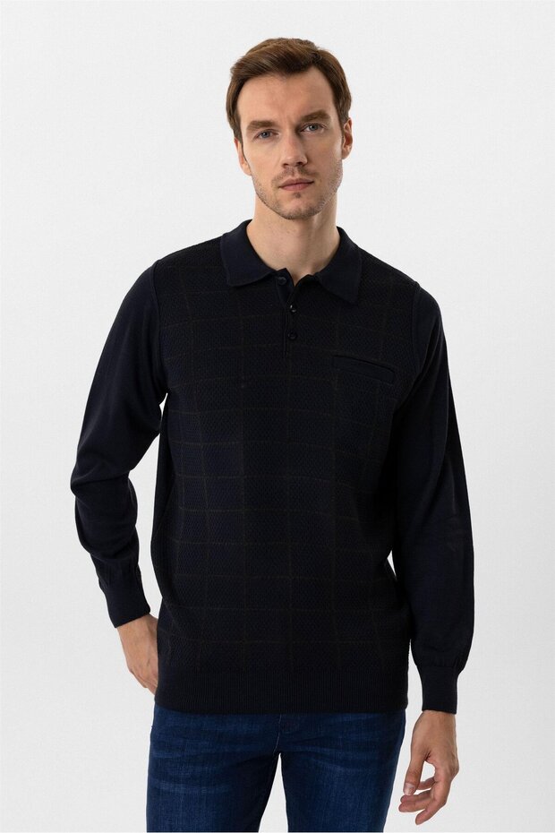 Regular Kalıp Desenli Polo Yaka Yünlü Triko Kazak - 1