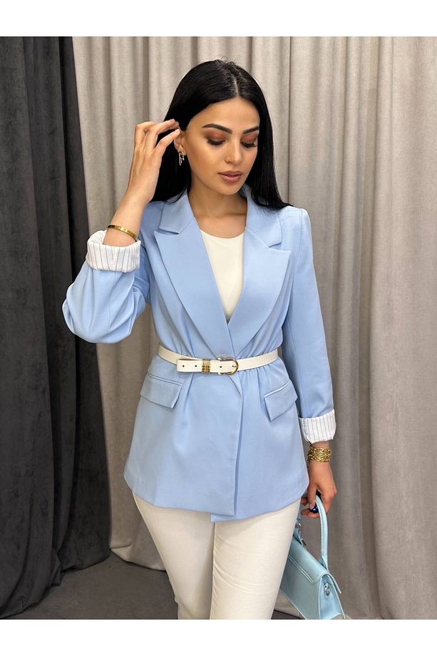 Kruvaze Yaka Düğmesiz Astarlı Katlanabilir Kollu Blazer Ceket - 2