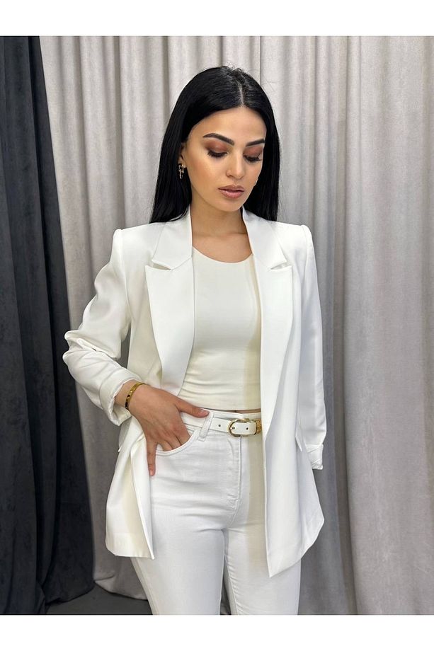Kruvaze Yaka Düğmesiz Astarlı Katlanabilir Kollu Blazer Ceket - 2