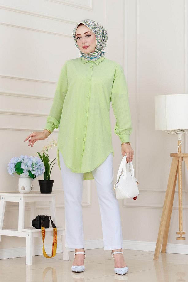 Göğüsü Taş Detaylı Oversize Tunik-Sarı - 1