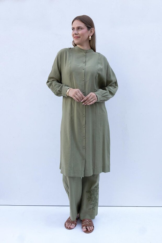 Khaki-Embroidery Detailed Modal Trousers Suit