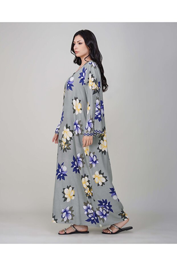 Ladies Solid Grey Jalabiya – Floral Printed Full-Sleeve with Embroidery on Neck and Sleeves