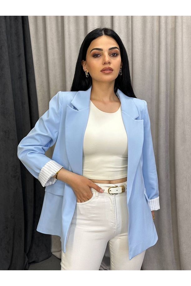 Kruvaze Yaka Düğmesiz Astarlı Katlanabilir Kollu Blazer Ceket - 3