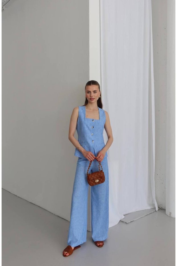 Women's Square Collar Linen Two-Piece Set Baby Blue