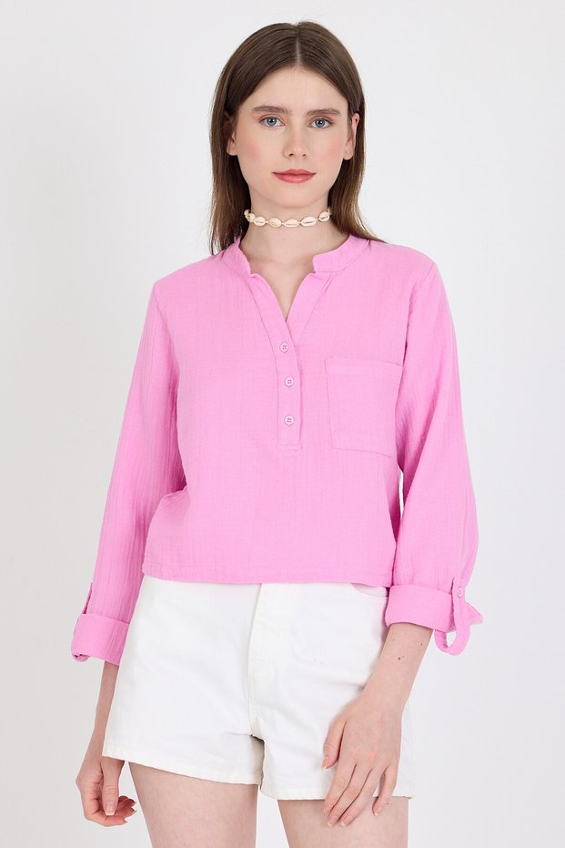 Pink 100% Cotton Linen Look Judge Collar Crop Shirt 4702A