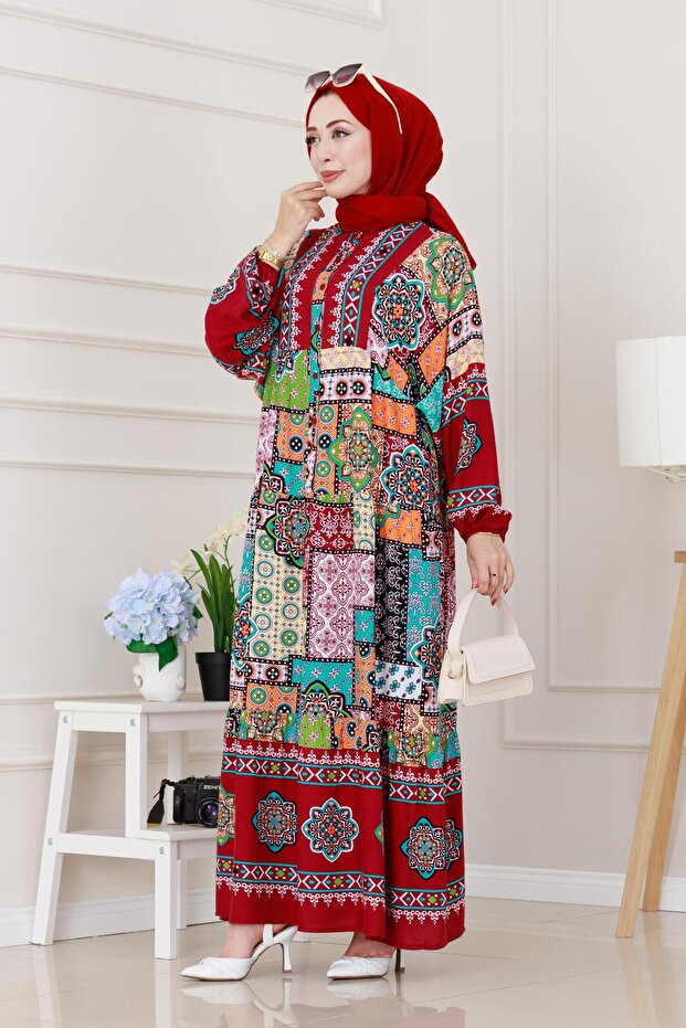 Half Button Robe Patch Pattern Dress-Burgundy - 3