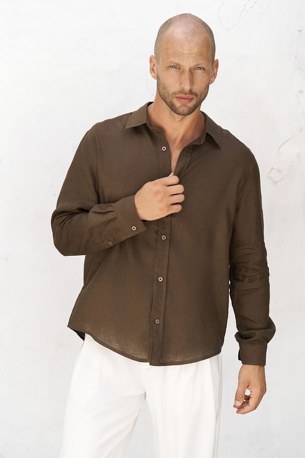 Bice Kahve Keten Oversize Erkek Gömlek - 7