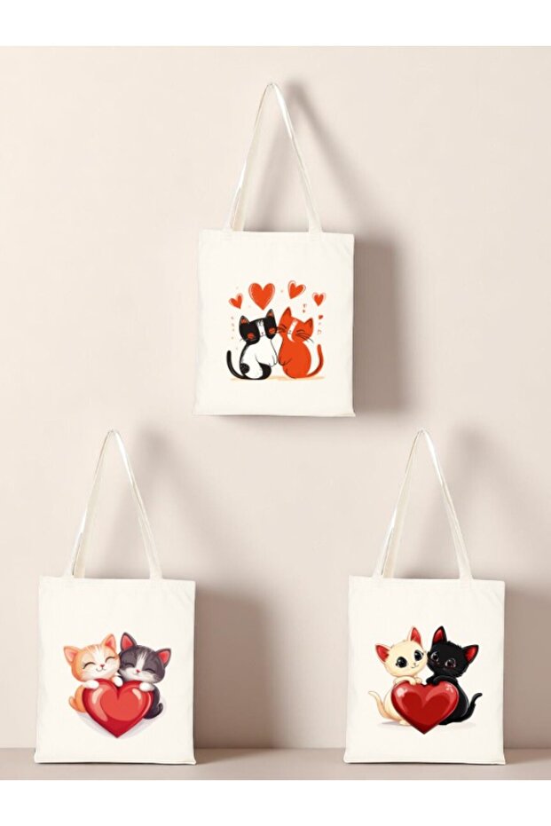 Heart and Cat Printed Cloth Bag 3-Piece Shoulder Bag - Birthday Gift for Women