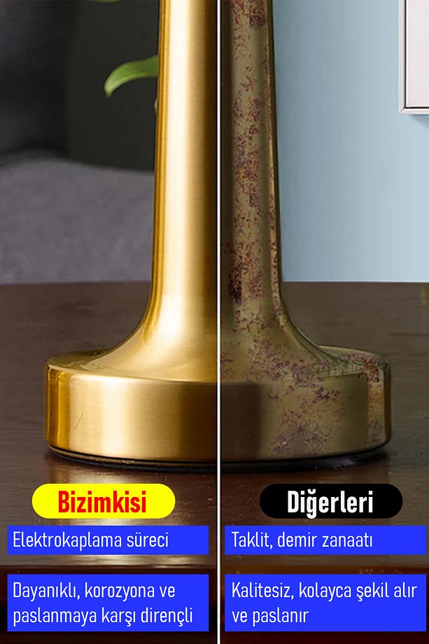 Gold Renk Şarjlı LED Masa Lambası Type-C Girişli Dokunmatik 3 Işık Modlu Gece Aydınlatması - 5
