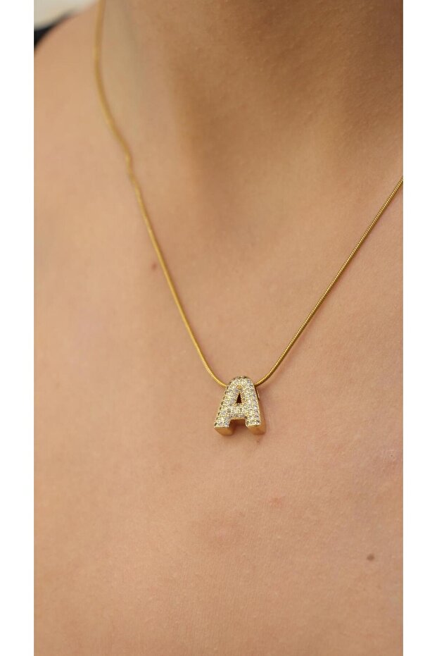 Gold Minimal Stone a Letter Steel Necklace