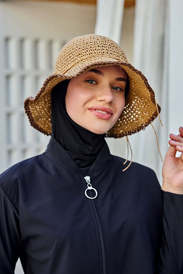 Çiçek Detaylı El Örgü Hasır Şapka RŞ-84 Camel - 4
