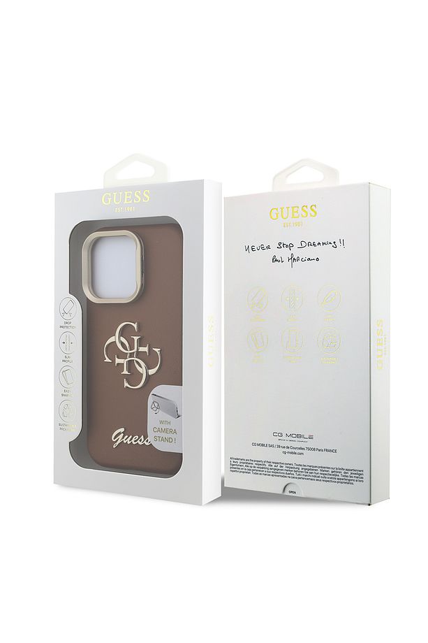 iPhone 15 Pro Max Uyumlu Kılıf Guess Lisanslı Grained Yazı Logolu Kamera Standlı Kapak Kahverengi - 5
