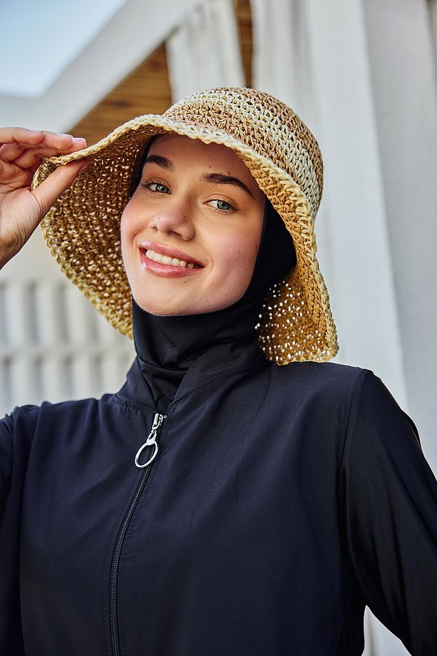 İki Renk Şerit El Örgüsü Hasır Şapka Plaj Şapkası RŞ-102 Camel Bej 2099 - 4