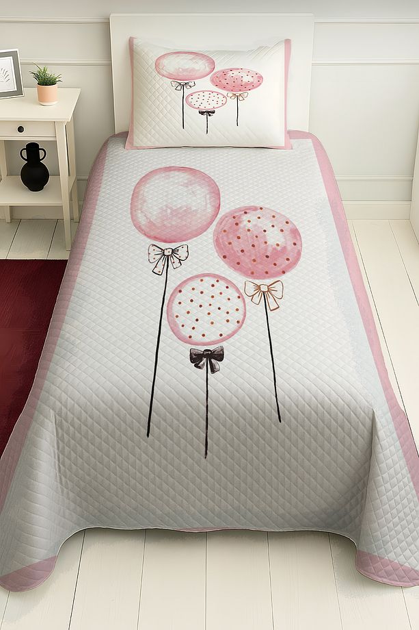 Pembe Uçan Balonlar Desenli Tek Kişilik Kız Çocuk Pike Takımı - 1