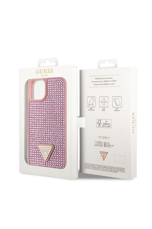 iPhone 15 Uyumlu Kılıf Guess Lisanslı Taşlı Arka Yüzey Üçgen Logolu Kapak Pembe - 5