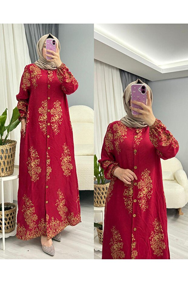 BOYDAN DÜĞMELİ VİSKON ELBİSE - 1