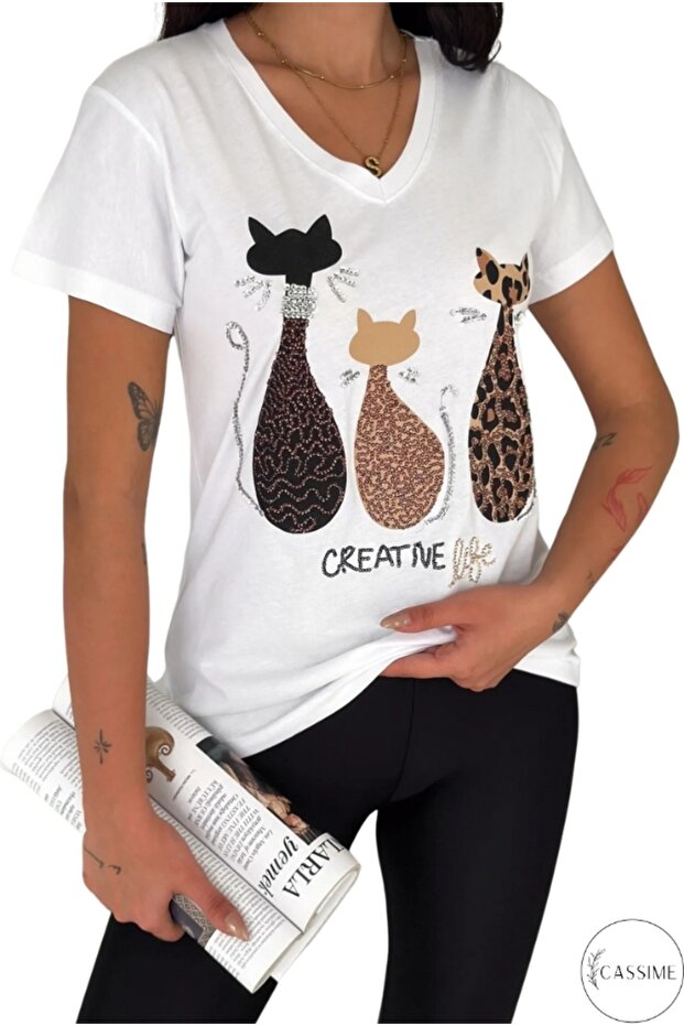 Women's White V-Neck Cat Leopard Sequin Sequin Embroidered 100% Cotton T-Shirt Plus Size Xl-2Xl-3Xl