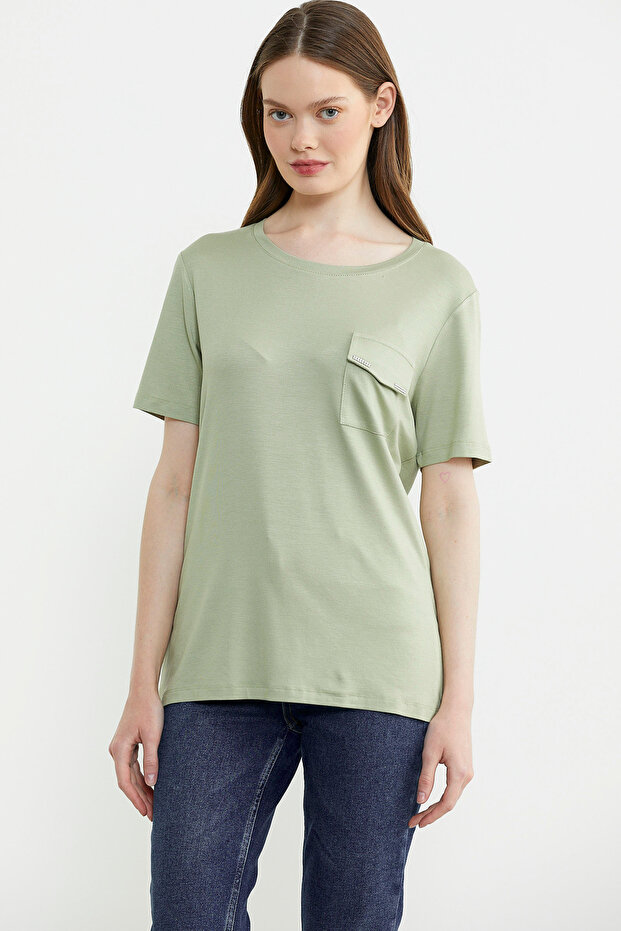 Crew Neck Combed Cotton T-Shirt with Pocket Detail - Khaki