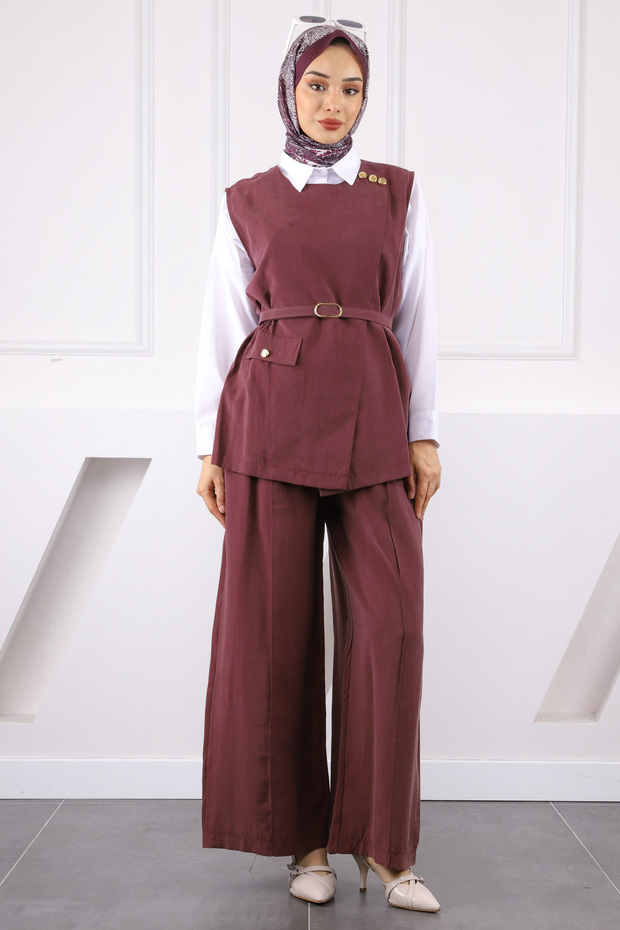 Plum Waist Belted Vest and Trousers Suit