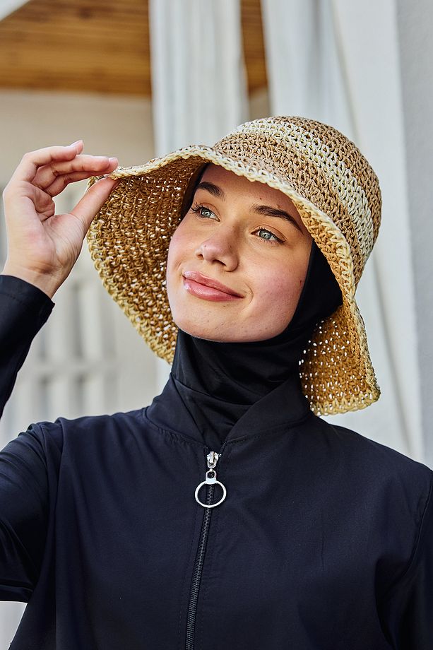 İki Renk Şerit El Örgüsü Hasır Şapka Plaj Şapkası RŞ-102 Camel Bej 2099 - 3