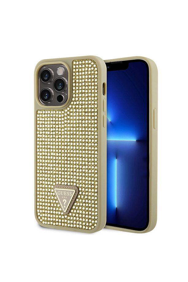 iPhone 13 Pro Max Uyumlu Kılıf Guess Lisanslı Taşlı Arka Yüzey Üçgen Logolu Kapak Gold - 1