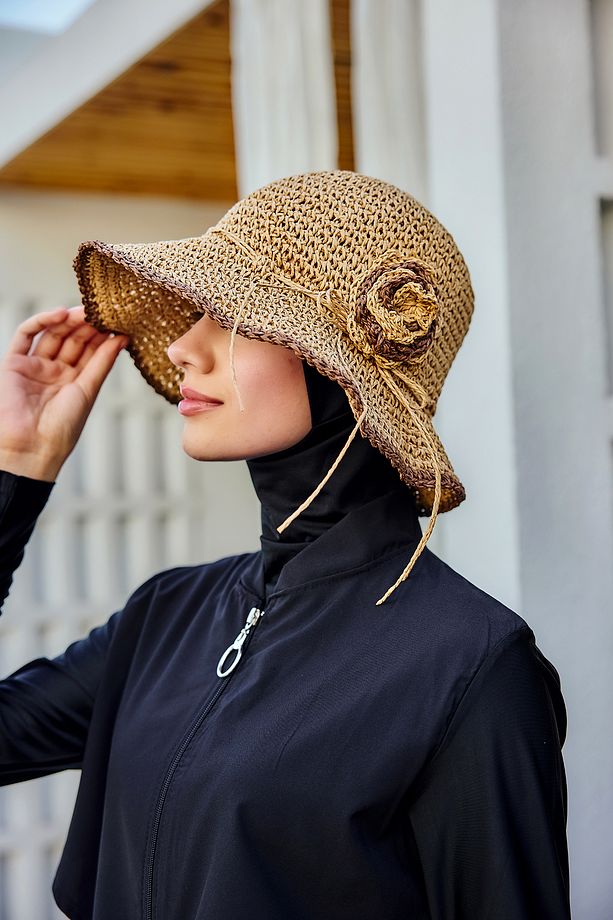 Çiçek Detaylı El Örgü Hasır Şapka RŞ-84 Camel - 6