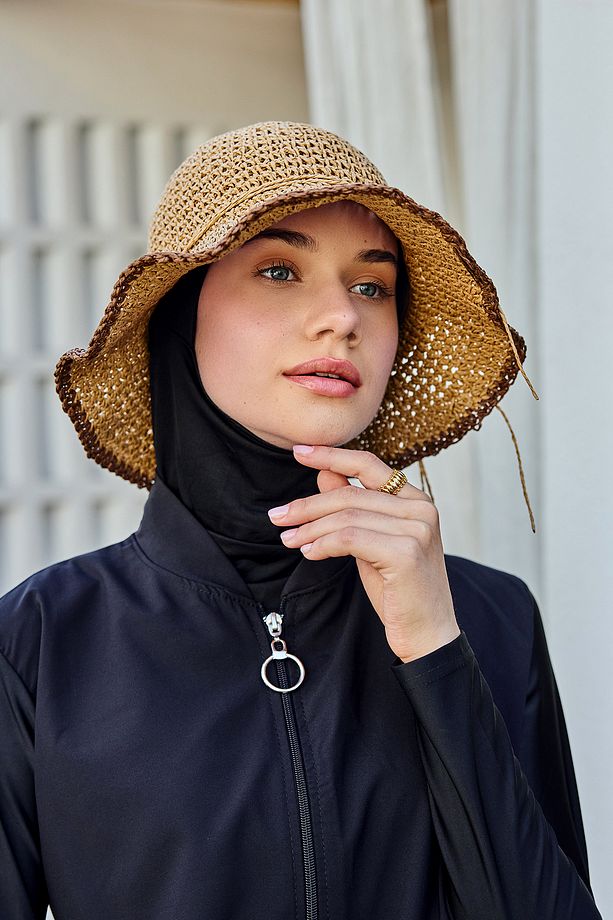 Çiçek Detaylı El Örgü Hasır Şapka RŞ-84 Camel - 2