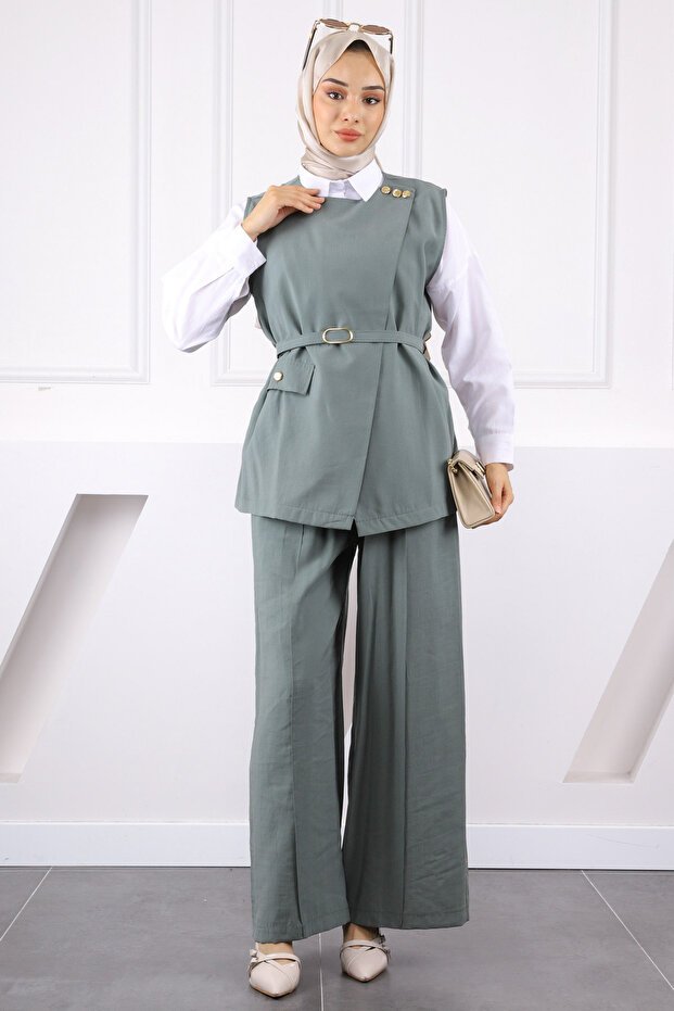 Çağla Waist Belted Vest and Trousers Suit