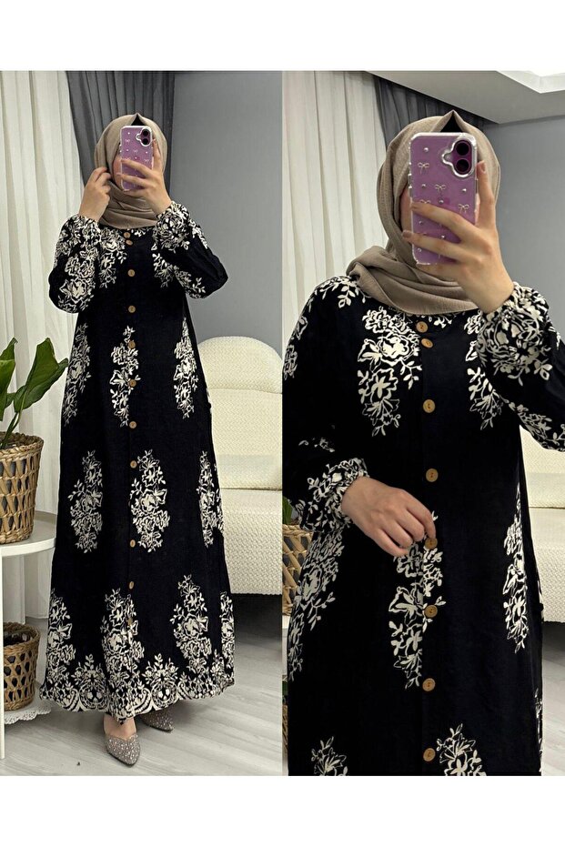 BOYDAN DÜĞMELİ VİSKON ELBİSE - 1