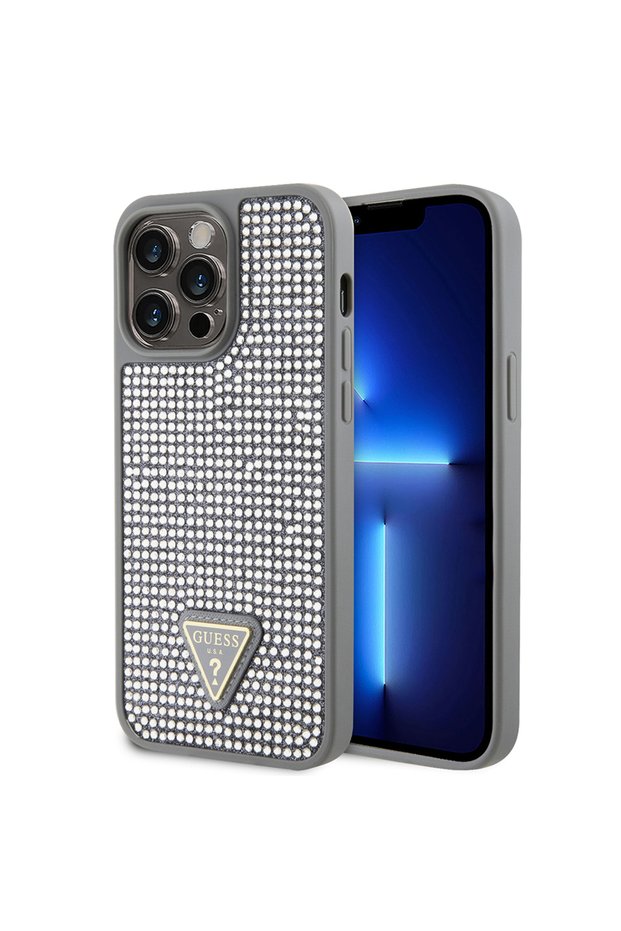 iPhone 14 Pro Max Compatible Case Guess Licensed Stoned Back Surface Triangle Logo Cover Silver