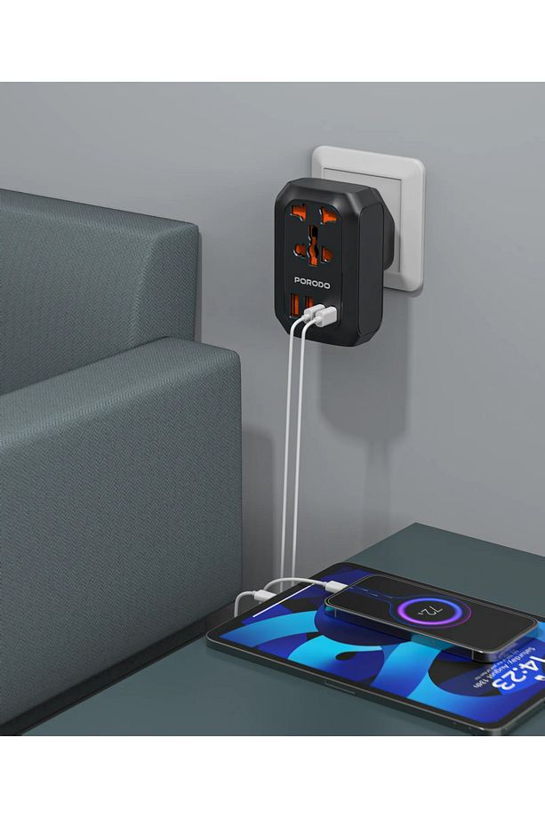 Evrensel Prizli Seyahat Adaptörü, 2500W AC, PD 20W Hızlı Şarj, 2 USB-C ve 2 USB-A Portu Avrupa Fişli - 4