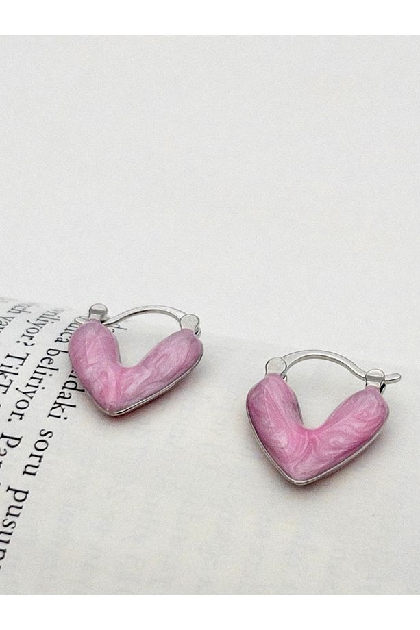 Pembe Mineli Minimal Çelik Kalp Küpe - 1