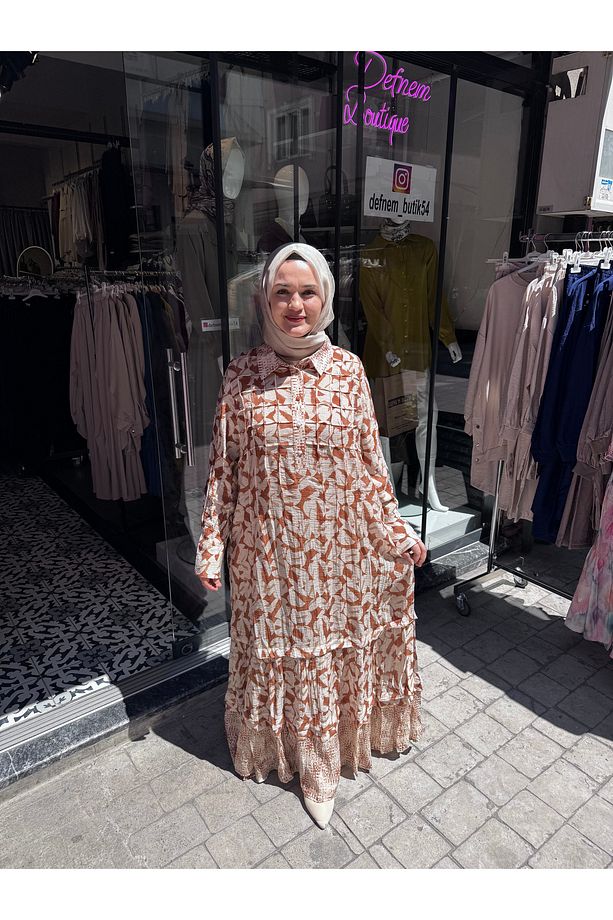 Lissmore Gömlek Yaka Yarım düğmeli taba Desen Elbise - 1