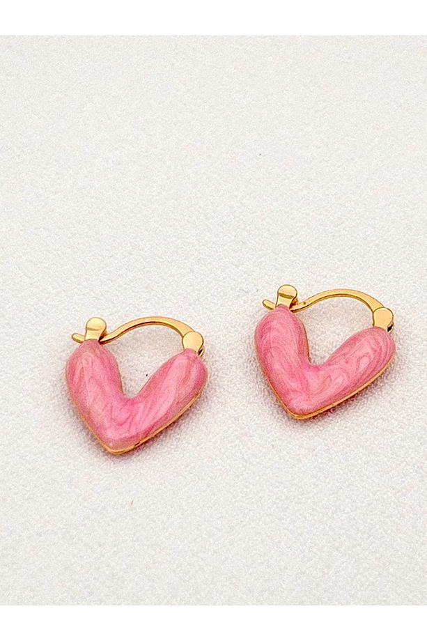 Pembe Mineli Minimal Çelik Kalp Küpe - 5