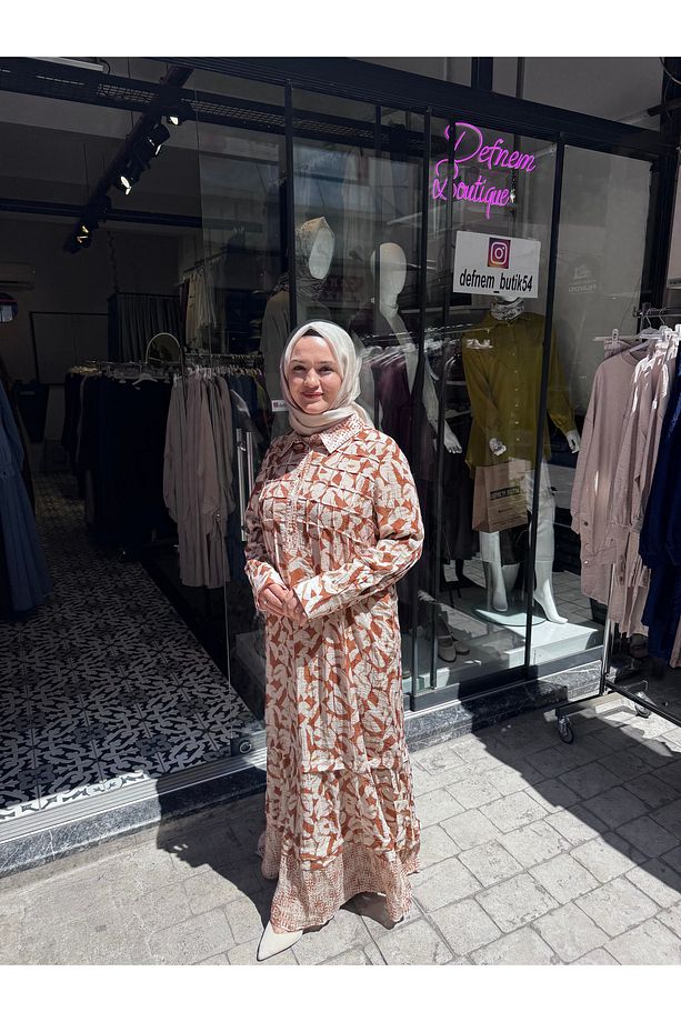 Lissmore Gömlek Yaka Yarım düğmeli taba Desen Elbise - 2