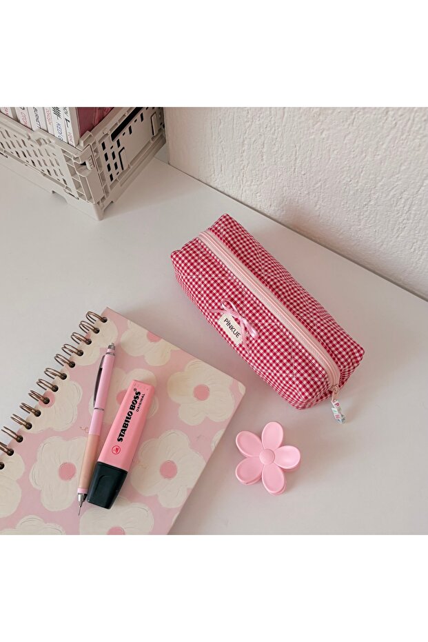 Pinkue Red Gingham Bow Detailed Pen Holder / Organizer / Care - Makeup Bag