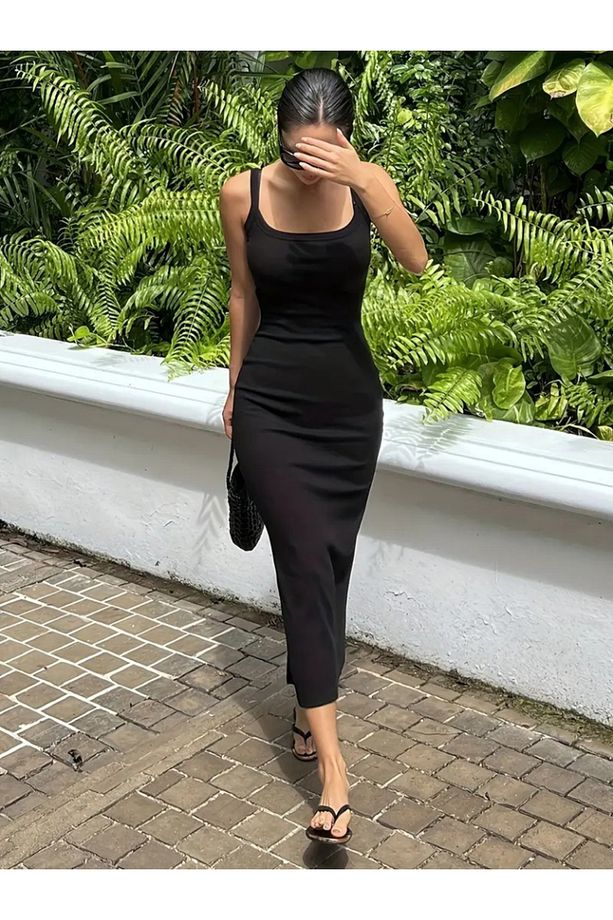Kadın Ip Askılı Yuvarlak Yakalı Yırtmaçlı Midi Kaşkorse Elbise - 2XL-3XL - Siyah - 4