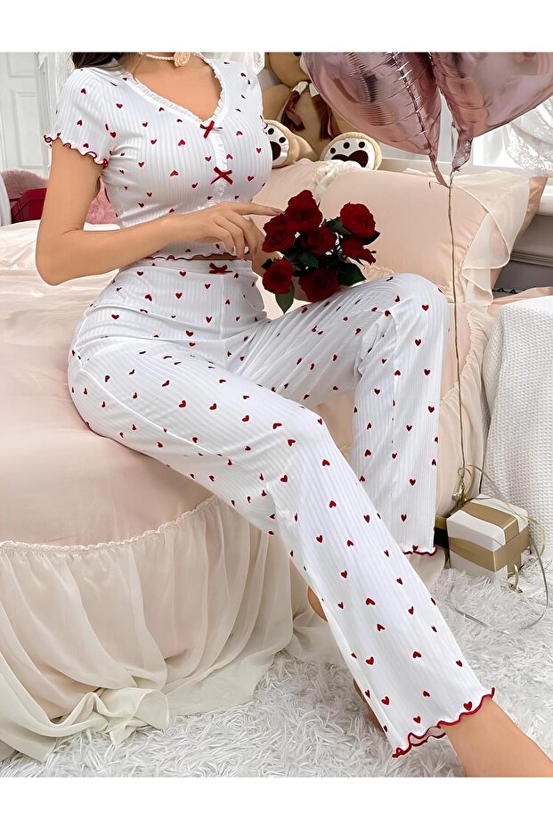 Ideal for Daily Wear with Soft Cotton Comfortable Cut Red Heart Pattern Pajama Set - 3