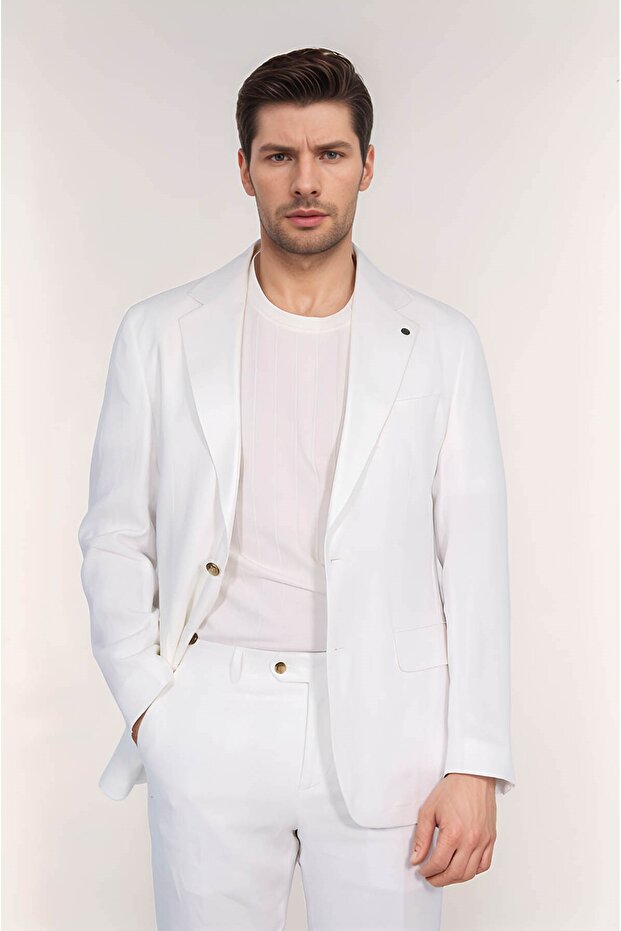 Linen/Mono Collar-Dual Slit Suit White