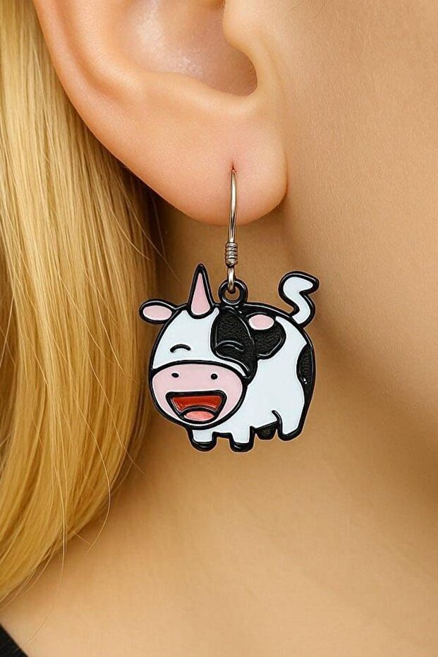 Horned Cow Shaped Enamel Women's Earrings Double Pieces Handmade Earrings