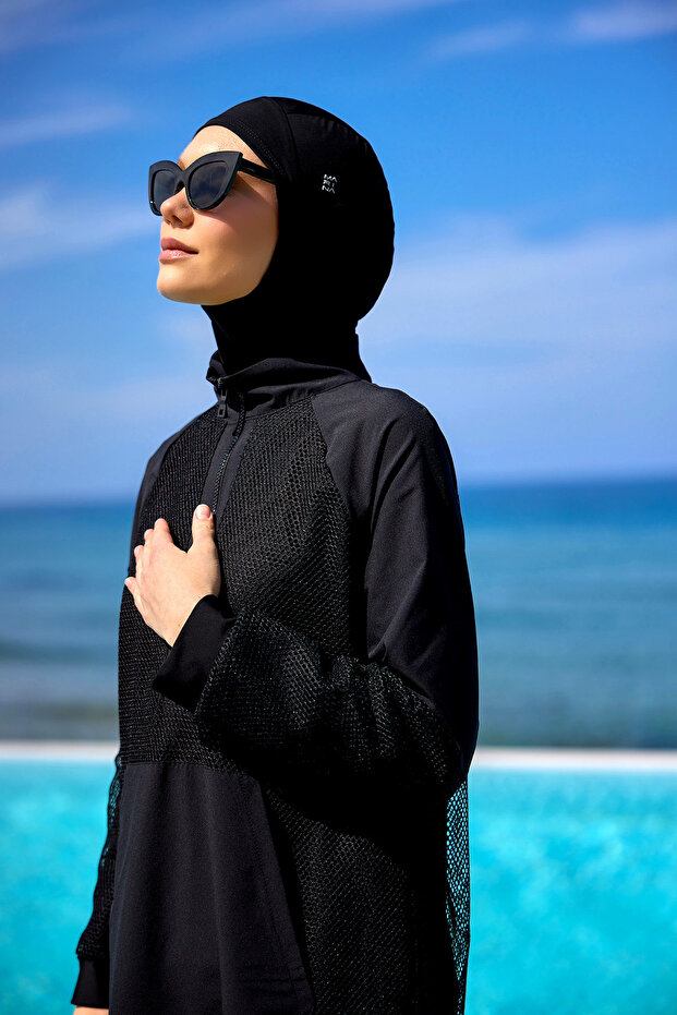 Black Tulle Detailed Fully Covered Hijab Swimsuit M2534-1 Black