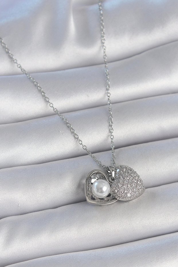 316L Steel Silver Color Chain Zircon Stone Opening Pearl Heart Model Women's Necklace