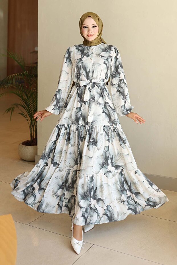 Patterned Hijab Dress Khaki 561