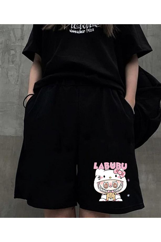 Labubu Baskılı Siyah Unisex Penye Şort - 1