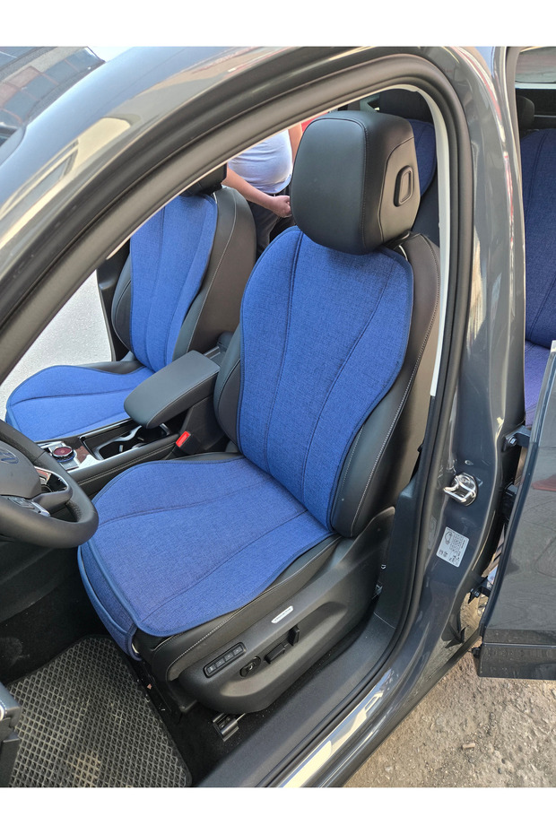 Blue Color Linen Pocket & Sweat-Proof Auto Seat Cushion Set (Front Back Full Set) 7 Pieces Universal