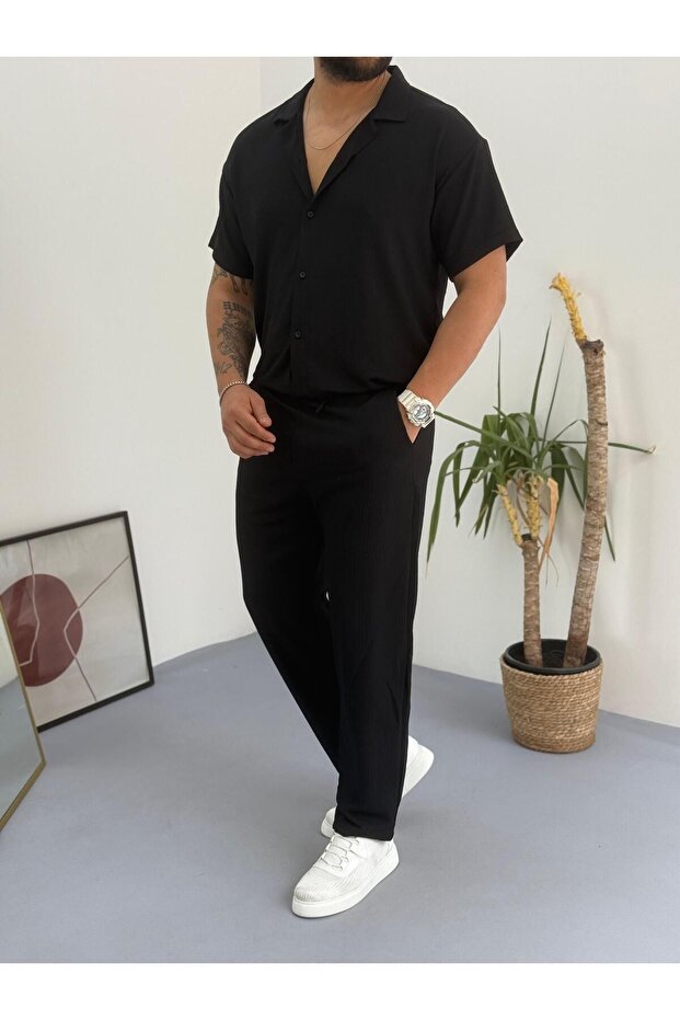 Alaçatı Style Wrinkled Crinkle Fabric Summer Lycra Men's Short Sleeve Shirt and Pants Set