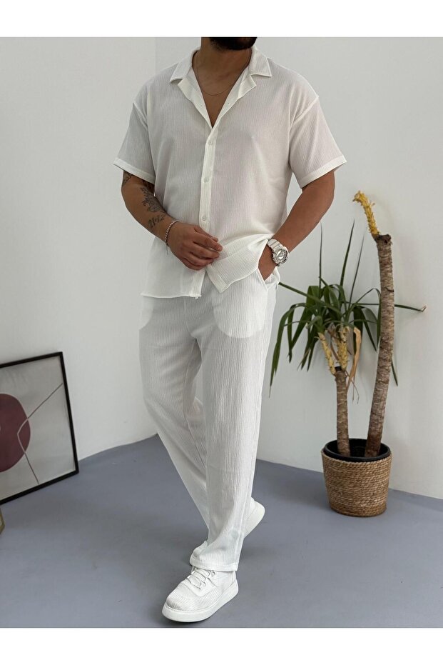 Alaçatı Style Wrinkled Crinkle Fabric Summer Lycra Men's Short Sleeve Shirt and Pants Set