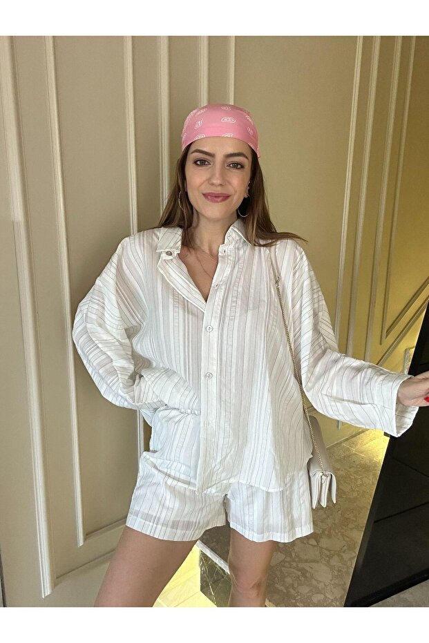 Oversize Çizgili Gömlek Şort Takım - 5
